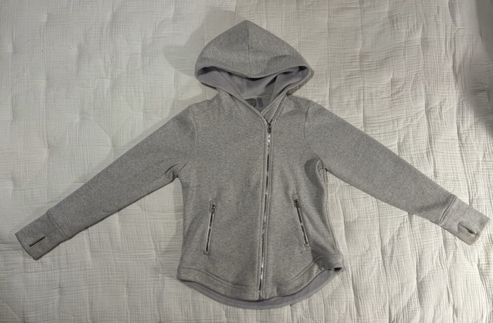 Athleta Cozy Heathers Grey Asymmetrical Zip Hoodie Curved Hem Medium Petite MP